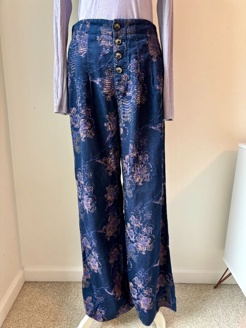 Anthropologie Pilcro High Rise Metallic Floral Wide Leg Cotton Pants 27